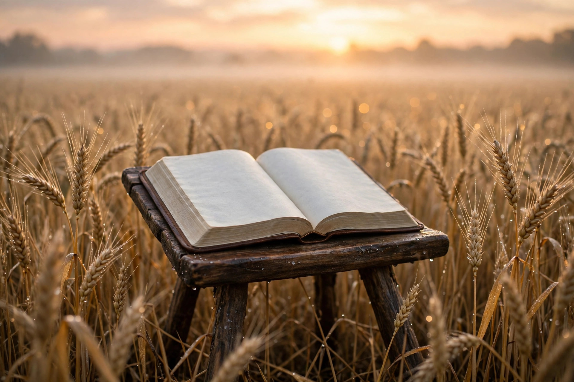 Open Bible on a wooden stand in a wheat field at dawn