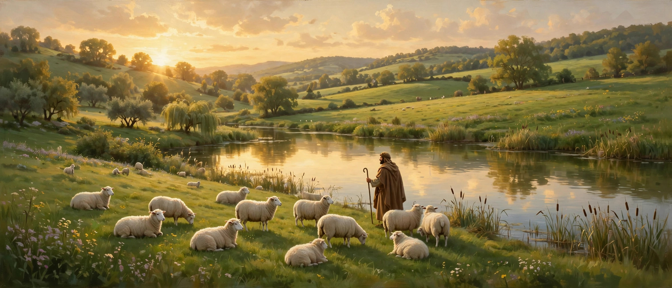 Pastor con ovejas junto a aguas tranquilas al amanecer